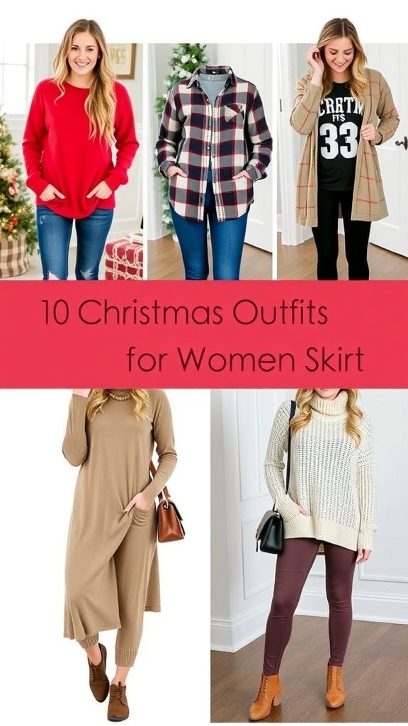 Casual Christmas outfit ideas for women including sweaters, plaid shirts, and festive accessories.
